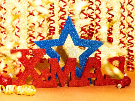Photo for Gold color Christmas and New Year 2024 holiday background with red Xmas label and blue star - Royalty Free Image