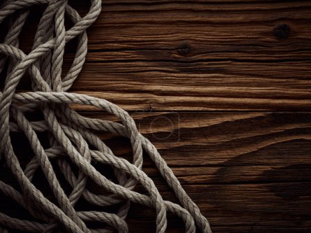 Dark vintage marine background with old hemp rope over wooden planks Stickers 698155988