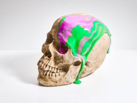 paints running down the human skull abstract background