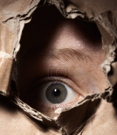 Foto de Persona aterradora mirando a través de un agujero en una caja - Imagen libre de derechos