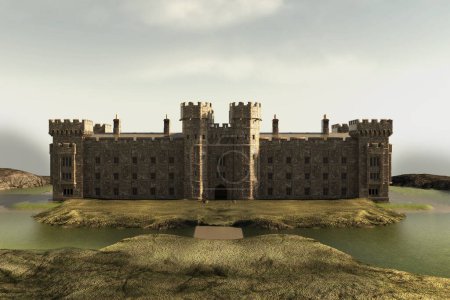 Front view of fantasy castle and landscape illustration