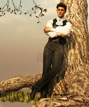 Téléchargez les photos : Gentleman régence debout près de l'arbre dans la cravate et gilet illustration - en image libre de droit