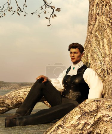 Téléchargez les photos : Regency ère homme assis à la base de l'illustration de l'arbre - en image libre de droit