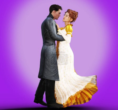 Regency era couple embrace over purple background illustration