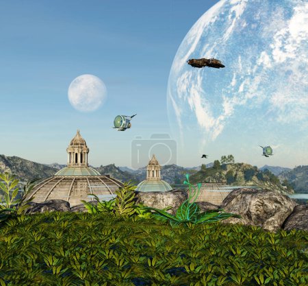 Photo for Sci fi planet with ships and domed buildings illustration - Royalty Free Image