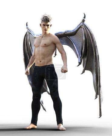 Sexy shirtless grey winged demon man illustration