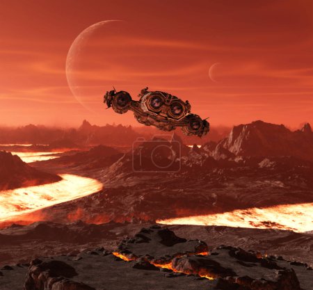 Rear view of spaceship flying over lava planet illustration