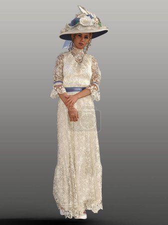 Photo for Illustration of Edwardian woman standing in cream lace dress - Royalty Free Image