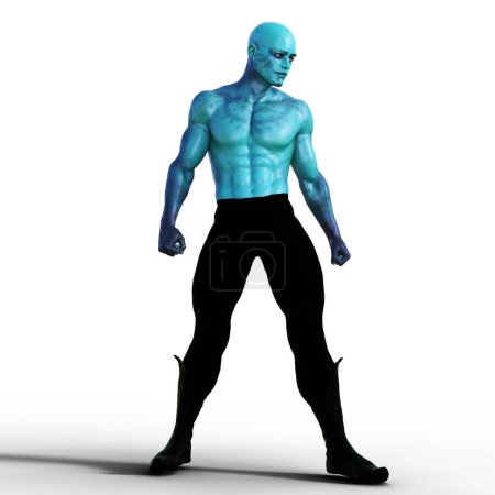 teal blue skinned alien standing with fists clenched illustration