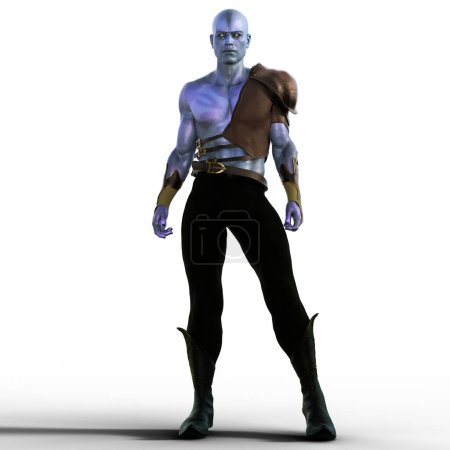 Blue skinned alien standing in armour illustration