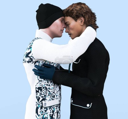 gay men in winter clothes with foreheads together illustration
