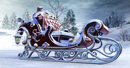 Téléchargez les photos : Vue latérale du traîneau de Noël enneigé sur l'illustration du paysage hivernal - en image libre de droit