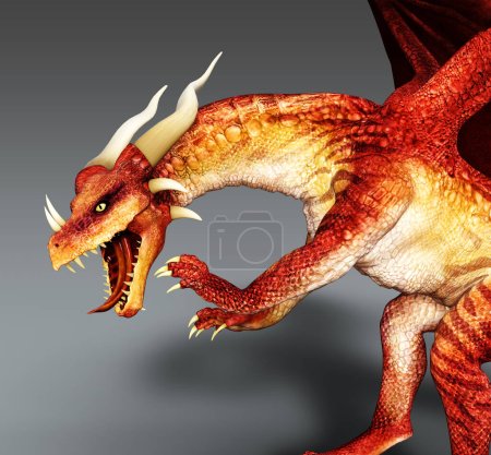 Téléchargez les photos : Dragon rouge rugissant illustration de profil latéral - en image libre de droit