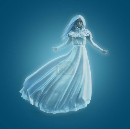 Phantom woman in long white gown and white hair illustration