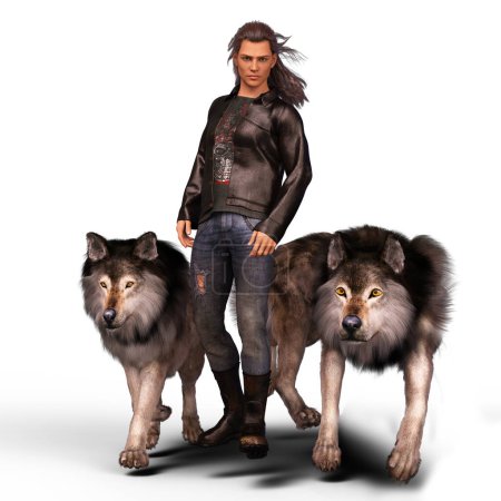 young man standing with two wolves illustration