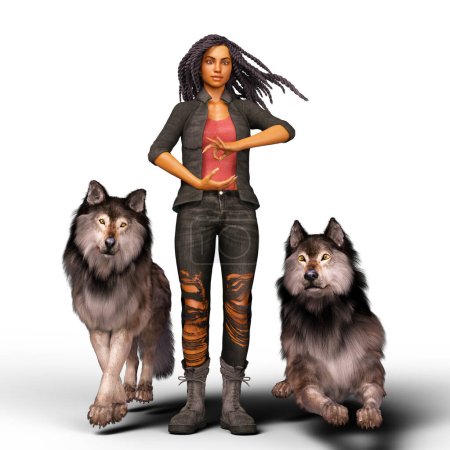Photo for Magic wielding african woman with wolves illustration - Royalty Free Image