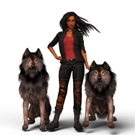Photo for Fantasy african woman standing with two wolves illustration - Royalty Free Image