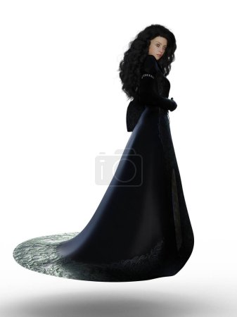 Téléchargez les photos : Vue latérale femme en longue robe noire illustration - en image libre de droit