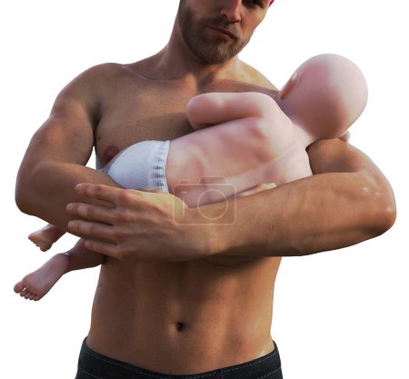 Father holding newborn in arms illustration