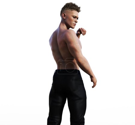 Handsome Shirtless young man rear view looking over shoulder illustration