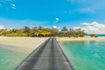 Foto de Pier made with wooden planks leading to paradise island with palms - Imagen libre de derechos