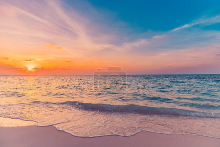 Photo for Closeup sea sand beach. Panoramic beach landscape. Inspire tropical beach seascape horizon. Golden dream sunset sky, calm tranquil relaxing sunlight summer shore waves. Vacation travel holiday banner - Royalty Free Image