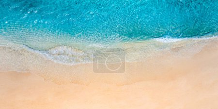 Photo for Summer panorama seascape landscape waves, blue sea water sunny day. Top view from drone. Sea aerial view, amazing tropical nature background. Beautiful Mediterranean waves surf splashing panorama - Royalty Free Image