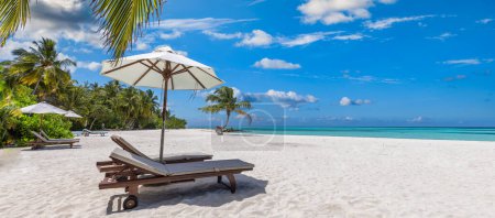 Photo for Beautiful tropical beach banner. Together, couple chairs coco palms travel tourism wide panorama holiday background. Amazing sunny beach landscape. Luxury island resort vacation. Tranquil sea sand sky - Royalty Free Image