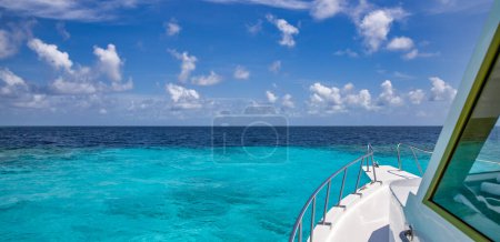 Photo for Amazing view from boat over clear sea water lagoon. Luxury travel, tropical blue turquoise Mediterranean panoramic seascape luxury white sailboat yacht. Beautiful exotic summer vacation leisure cruise - Royalty Free Image