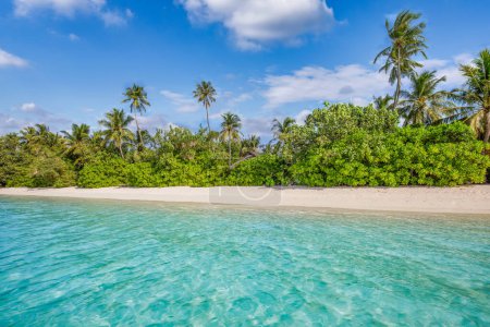 Foto de Hermosa playa paradisíaca tropical con palmeras y mar azul en día soleado - Imagen libre de derechos