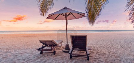 Photo for Empty chairs and umbrella on tropical maldives beach - Royalty Free Image