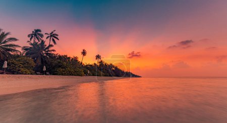 Téléchargez les photos : Magnifique coucher de soleil tropical sur la plage avec des palmiers - en image libre de droit