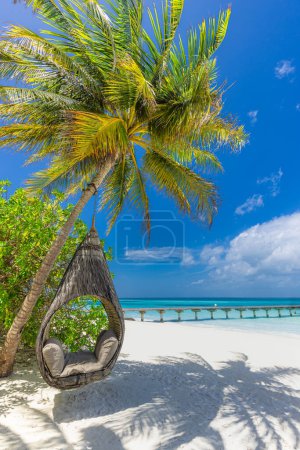 Photo for Tropical relax beach as summer island landscape with beach swing or hammock on palm, close to fantastic sea view. Amazing beach panorama vacation and summer holiday concept. Luxury panoramic travel - Royalty Free Image