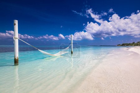 Photo for Tropical beach background as summer relax landscape with beach swing or hammock - Royalty Free Image