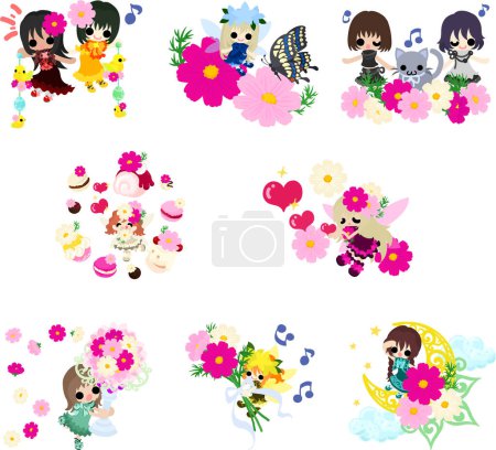 Illustration for Lovely daily life illustration with cute little flower fairies and girls surrounded by cosmos - Royalty Free Image