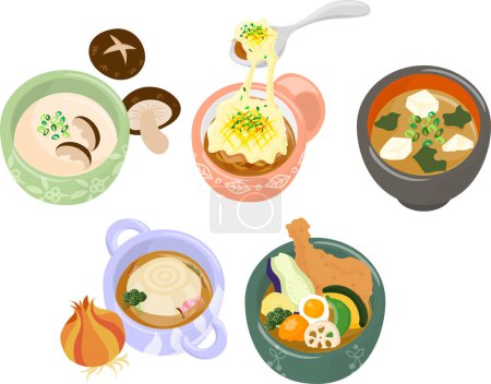 Les différentes icônes de la soupe délicieuse comme le champignon shiitake et le gratin d'oignon et miso et l'oignon sauvage entier et et curry