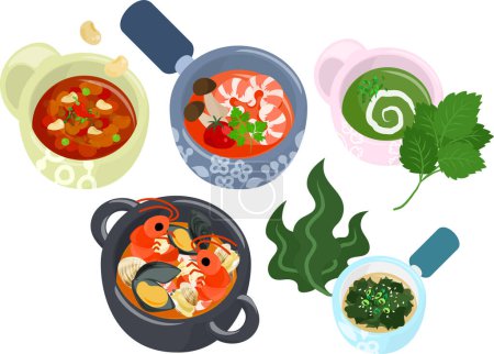 Ilustración de Los diversos iconos de la sopa deliciosa, tales como granos de chile y tom yum kung y moroheiya y bouillabaisse - Imagen libre de derechos