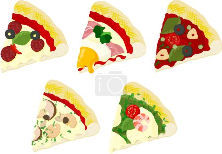 Ilustración de Los diversos iconos de la deliciosa pizza como Diavola y Bismarck y Siciliana y Boscaiola y Genovese - Imagen libre de derechos