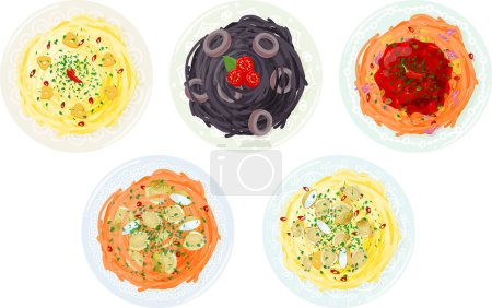 Illustration for The various icons of delicious pasta such as peperoncino and squid ink and amatriciana and vongole bianco and vongole rosso - Royalty Free Image