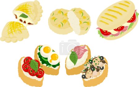 Illustration for The various icons of delicious Italian breads such as calzone and focaccia and panino and crostini - Royalty Free Image