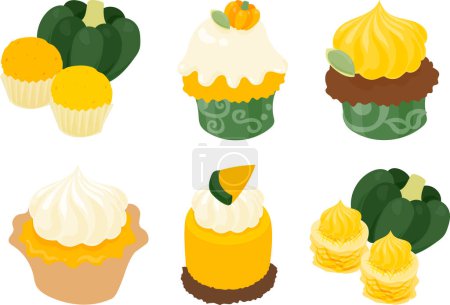 Ilustración de El diseño del icono de dulces suaves y esponjosos de calabaza como pan al vapor y magdalena y tarta y pastel de queso raro y pastel - Imagen libre de derechos