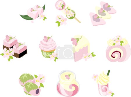 The icon of cute and delicious cherry blossom sweets such as yokan and dang and yatsuhashi and brownie and mont blanc and chiffon cake and roll cake and sakuramochi and pudding and smoothie.