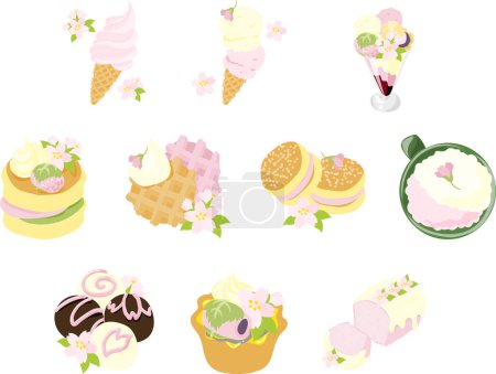 Die Ikone der süßen und köstlichen Kirschblütenbonbons wie Softeis und Eis und Parfait und Pfannkuchen und Waffeln und Busse und Latte und Schokolade und Torte und Pfund Kuchen.