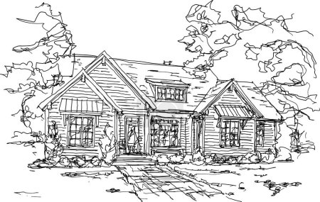 Handgezeichnete architektonische Skizze eines schönen klassischen freistehenden Dorfhauses mit Garten und Bäumen