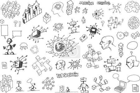 Ilustración de Bocetos arquitectónicos dibujados a mano de temas de inteligencia artificial y robots y temas de futuro y ciencia y aprendizaje automático y circuitos - Imagen libre de derechos