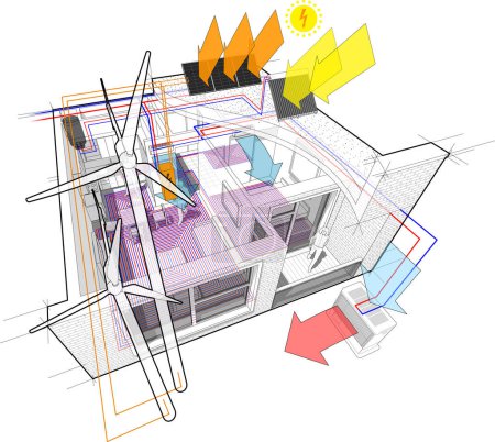 Illustration for Apartment diagram with floor heating and connected to the wind turbines and photovoltaic and solar panels and air conditioning - Royalty Free Image