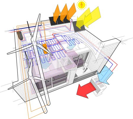 Illustration for Apartment diagram with floor heating and connected to the wind turbines and photovoltaic and solar panels and and ceiling cooling - Royalty Free Image