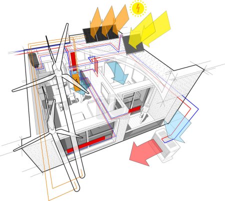 Téléchargez les illustrations : Schéma d'appartement avec chauffage par radiateur et relié aux éoliennes et aux panneaux photovoltaïques et solaires et à la climatisation - en licence libre de droit