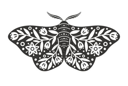 Téléchargez les illustrations : Icône de papillon avec ornement de fleurs et de feuilles. Silhouette vintage de papillon mystique noir et blanc ou papillon. Insecte céleste volant, illustration vectorielle - en licence libre de droit