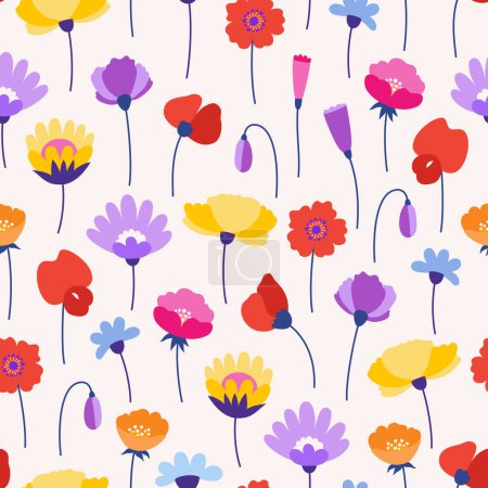 Illustration for Wildflowers, bright and colorful on a beige background, seamless pattern. Meadow herbs and flowers. Floral summer vector illustration. spring botanical background, modern style design - Royalty Free Image
